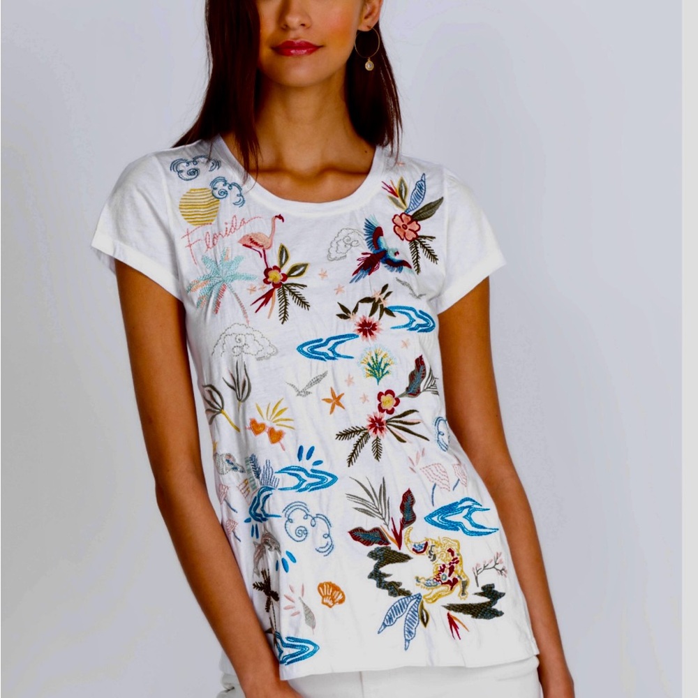 Johnny Was White Tee with Colorful Embroidery FLORIDA ☀️